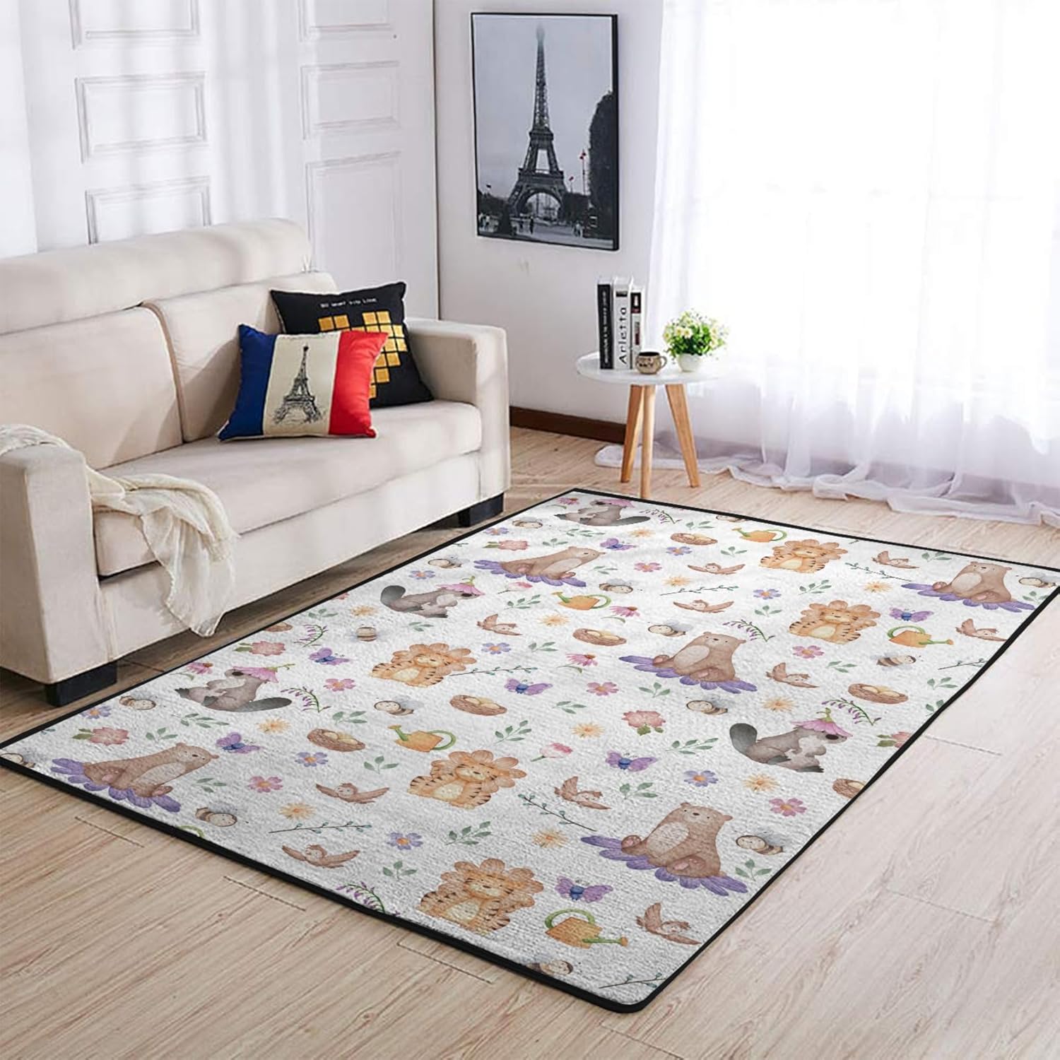 Zoo Safari Animals Train Area Rugs Leopard Giraffe Zebra Hippo Flamingo Tropical Leaves Floor Carpet Rug Throw Mats for Kids Toddler Nursery Bedroom Kitchen Living Room Bathroom 20x32inch
