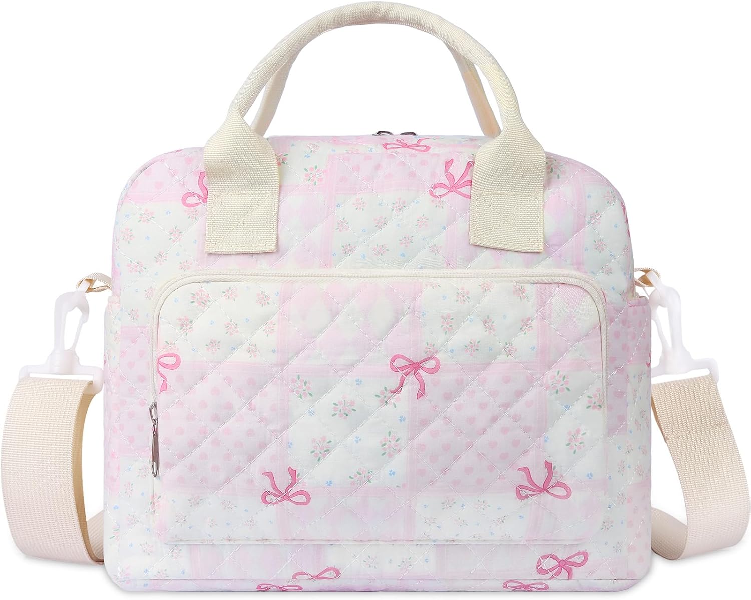 Quilted Lunch Box for Women, Large Insulated Lunch Bag for Adult,Elegant Pink Bow Cute Portable Tote Bags for Work Travel Beach Picnic(Pink Bow Grid Pattern,M)