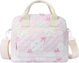Quilted Lunch Box for Women, Large Insulated Lunch Bag for Adult,Elegant Pink Bow Cute Portable Tote Bags for Work Travel Beach Picnic (Pink Bow Grid Pattern, M)