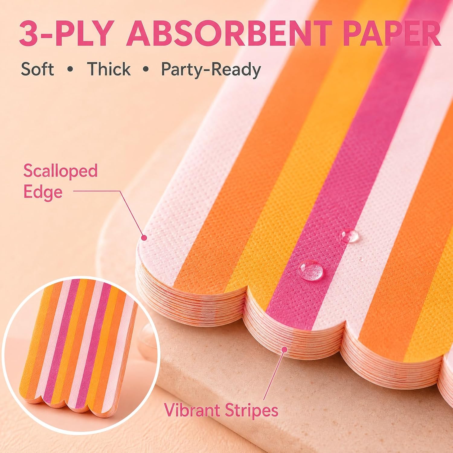 FYSUIMU 50Pcs Pink Orange Stripe Guest Napkins Disposable Scalloped Paper Napkins Dinner Hand Napkin for Summer Tequila Sunrise Bachelorette Party Supplies Home Kitchen Bathroom Table Decor image 3