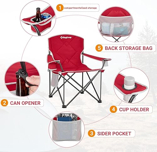 Miniatura 28 de KingCamp silla plegable de gran tamaño para campamento con soporte lumbar, silla ergonómica acolchada con reposabrazos, alta resistencia, con bolsa