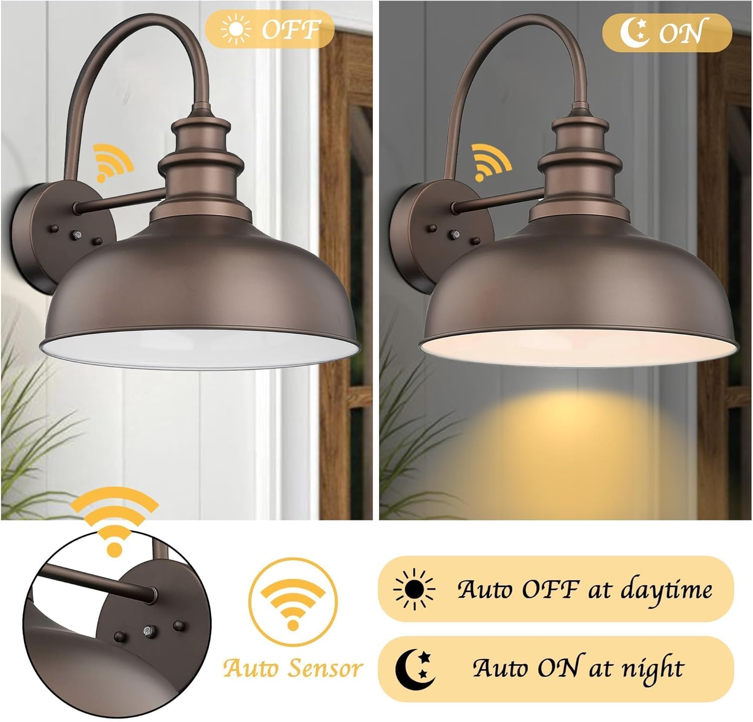 bestshared 14 inch dome dusk to dawn sensor outdoor barn lights farmhouse outdoor wall sconce industrial porch wall lights exterior lighting fixture for front door, entryway (orb+white, 14"-1pack) 14"-1pack orb+white(dusk to dawn)