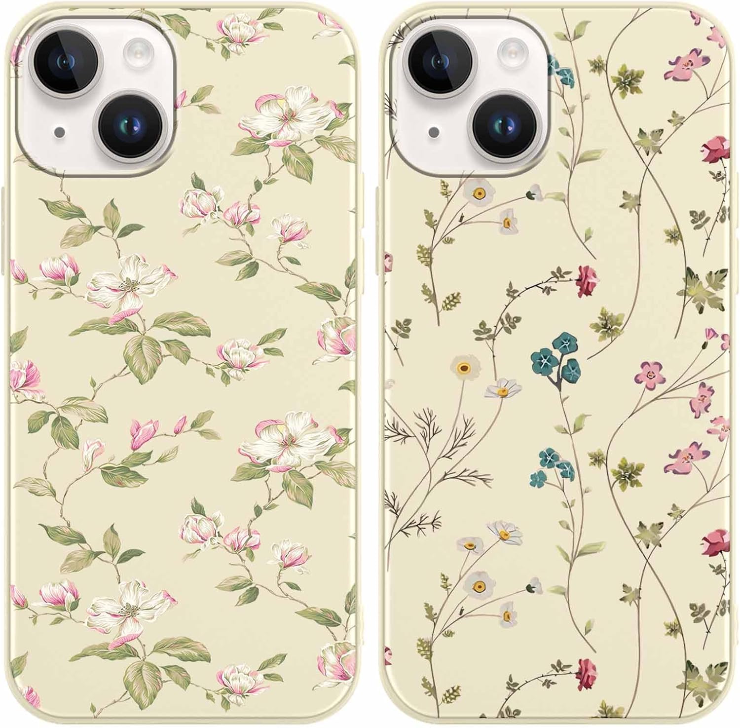 Coque iPhone 15 – Yoedge Lot de 2 coques pour iPhone 15 6,1 pouces, ultra fine en silicone TPU souple avec motif, résistante aux chocs, anti-rayures, coque de protection pour iPhone 15, fleur