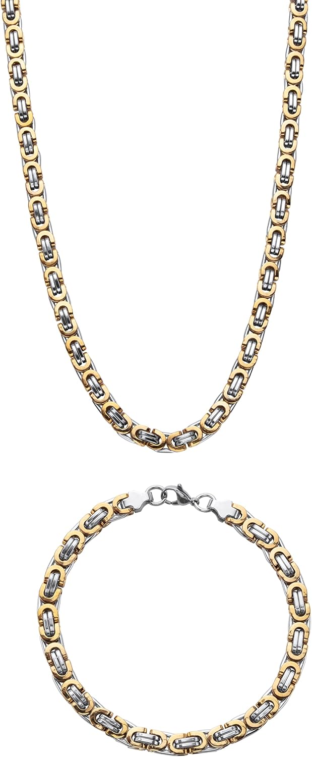 PalmBeach Men's Yellow Gold Ion Plated Stainless Steel 2 Piece Byzantine Chain Necklace and 9 Inch Bracelet Set