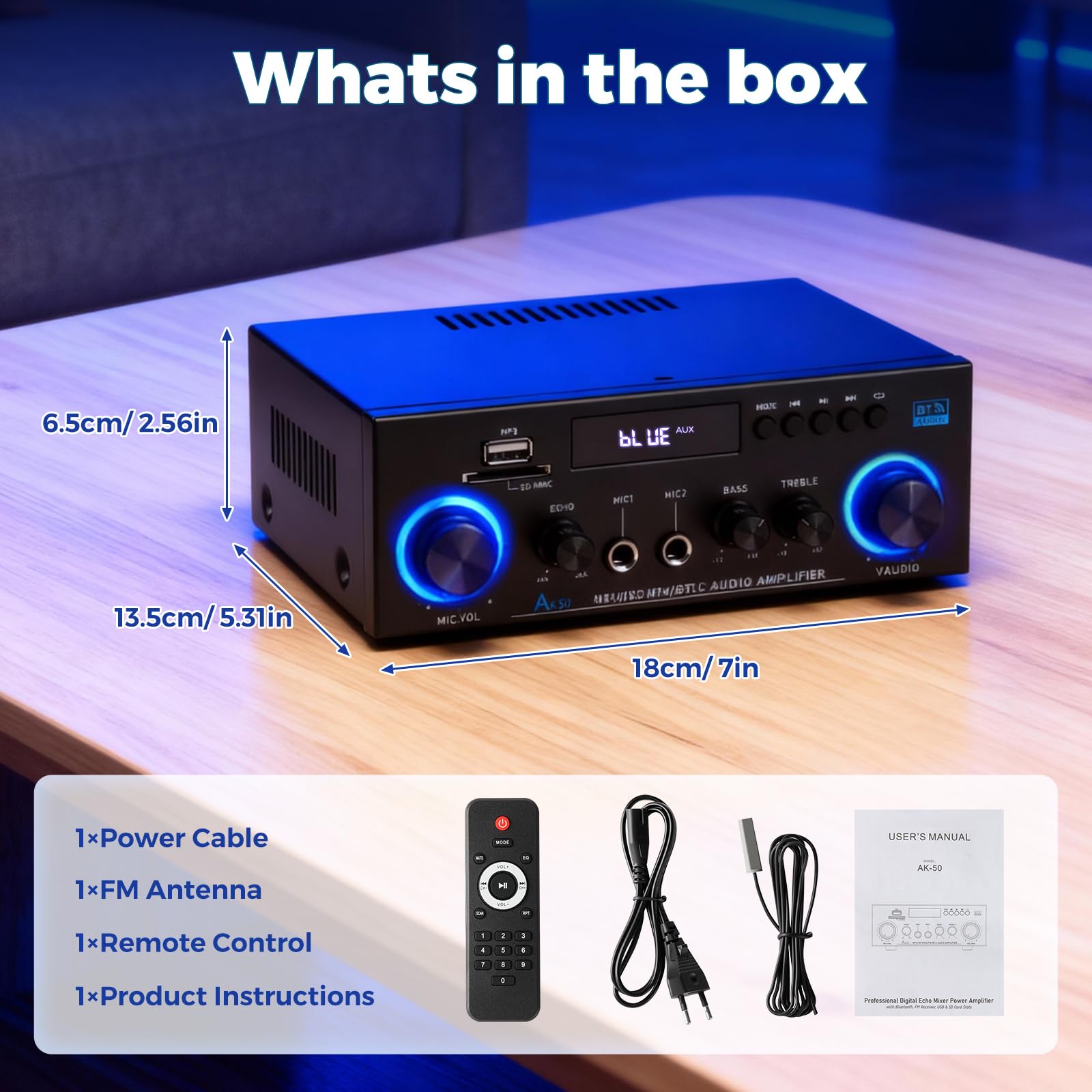 Romicta AK50 Amplificatore Audio Stereo 2.0 Canali 800W Bluetooth 5.0 Radio FM USB SD Echo MIC Telecomando per Casa e Home Theater