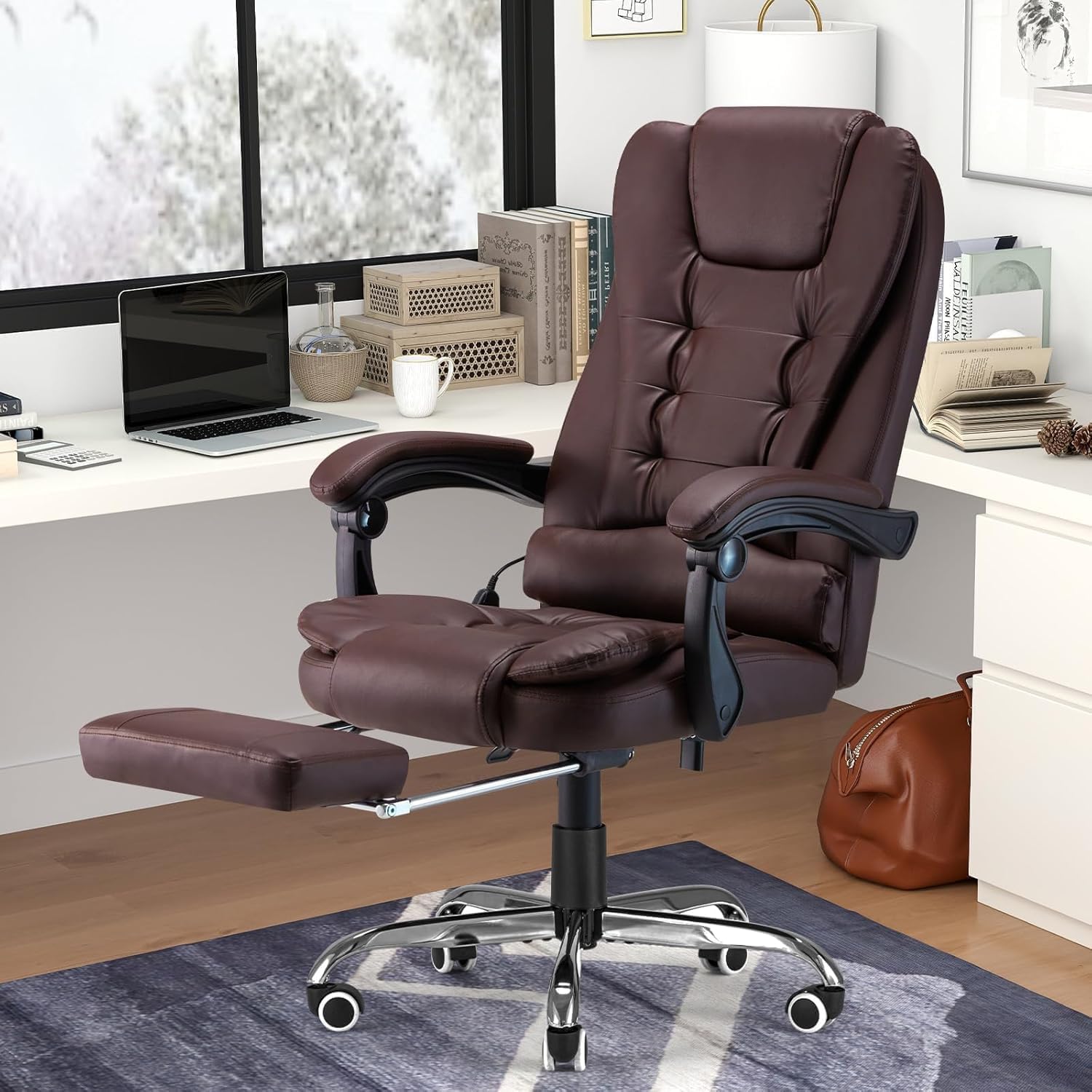 YODOLLA Bürostuhl Ergonomisch, Chefsessel mit Fußstütze & Liegefunktion, höhenverstellbarer Computerstuhl, 200 kg Belastbarkeit – Braun