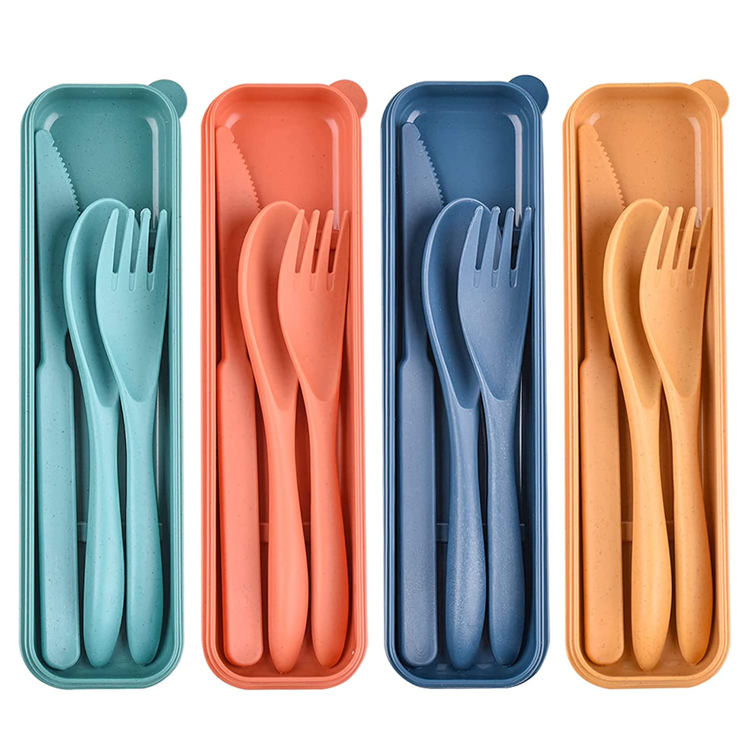 ARURA (LABEL) Wheat Straw Tableware, Travel Utensil Set with Case, Reusable Spoon Knife Forks, Eco-Friendly for Kids Adult Travel Picnic Camping (Random Color) (4 Set)-image-5