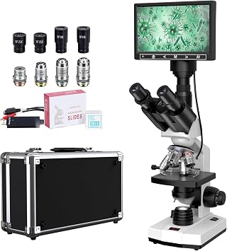 Research-Grade Lab Trinocular Compound Microscope for Adults with 40X-2500X Magnification, 7 LCD Screen, Thermostat Mechanical Stage, Built-in 5MP Camera for Laboratory School White