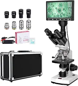 Microscópio composto trinocular de laboratório de nível de pesquisa para adultos com ampliação de 40 x 2500 x, tela LCD de 17 cm, estágio mecânico de termostato, câmera de 5 MP integrada para escola