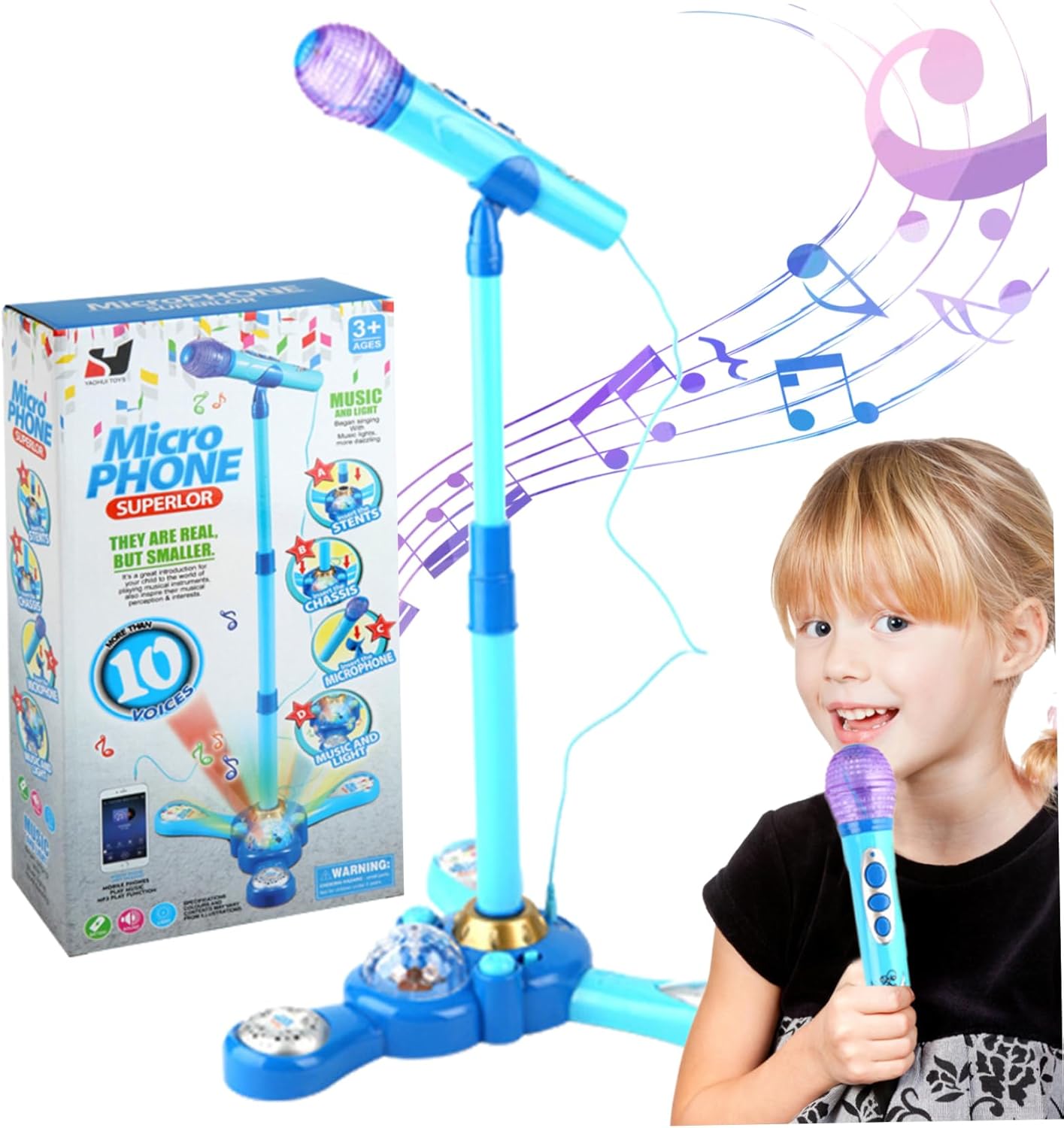 Microphone for Home Kids Karaoke Machine with Flashing Lights Adjustable Stand Fun Musical Effects Kids Microphone Stand for Home Musical Toys Blue