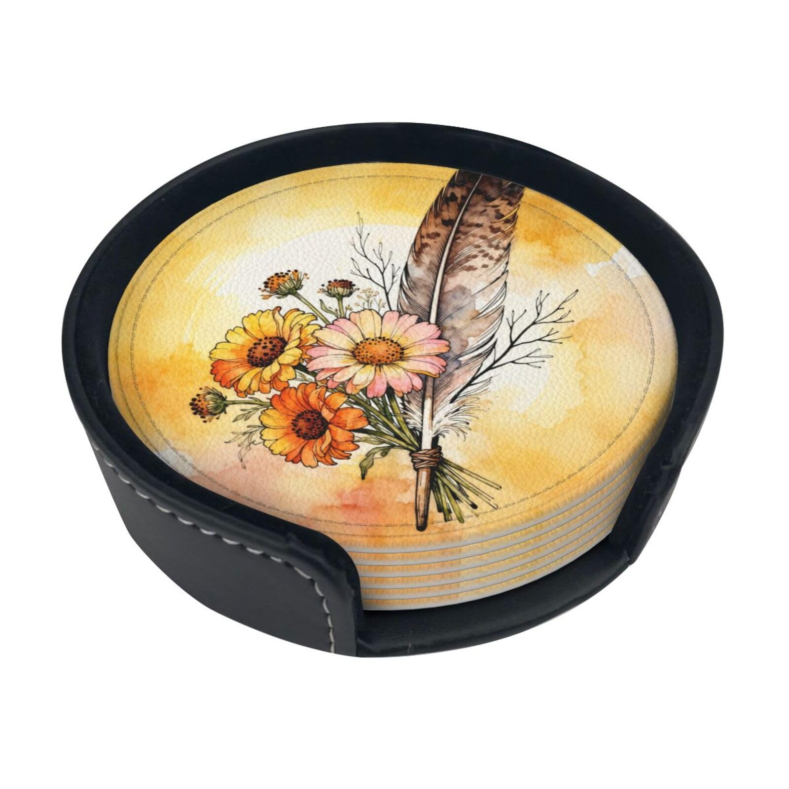 Cntdbu White Flowers And Feathers Leather Coasters Set Of 6-Pu Leather Drink Mats For Table, Heat Resistant Round Coasters With Holder
