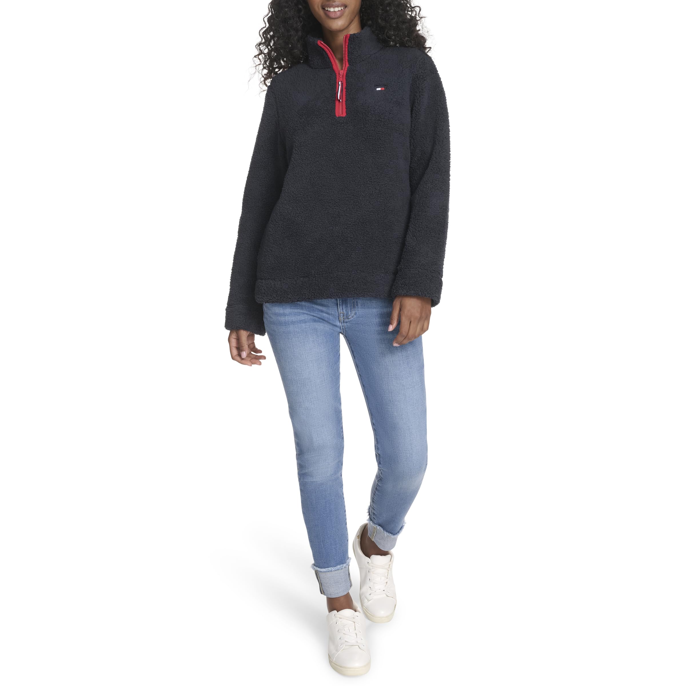 Tommy Hilfiger Women's Sportswear 1/4 Zip Mockneck Sherpa Pullover, Sky Captain, Small