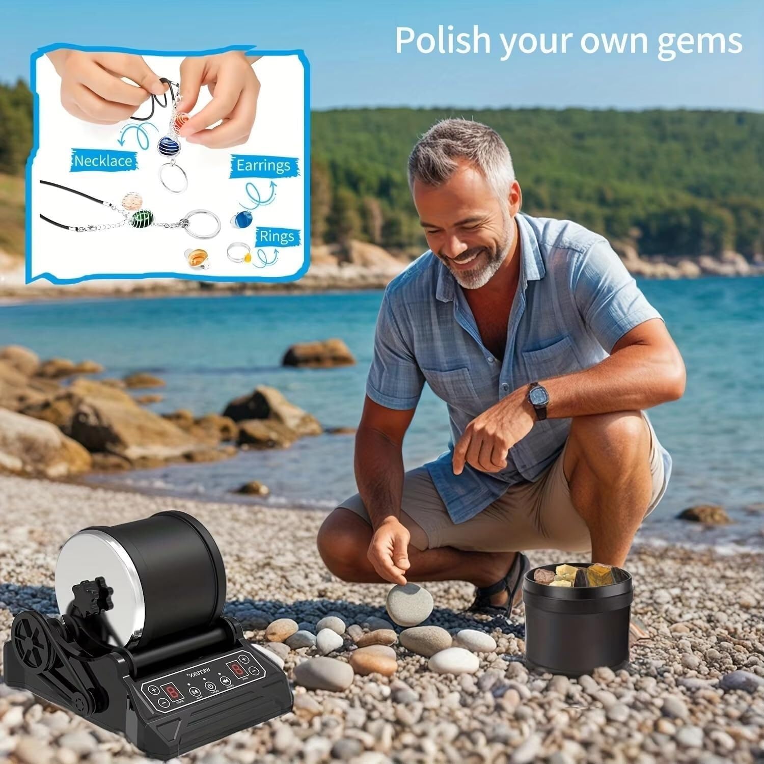 Biżuteria do polerowania kubka, zestaw polerujący do kubka z regulowaną prędkością i wyświetlaczem LCD, kamiennym zestawem do biżuterii, jadeitu, kamienia, żwiru