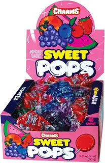 Charms Sweet Pops, in Assorted Fruit Flavors, 48-Count Box | 個別に包装された吸盤、子供と大人用のバルクトリート、ピーナッツフリー、コーシャ、グルテンフリー。