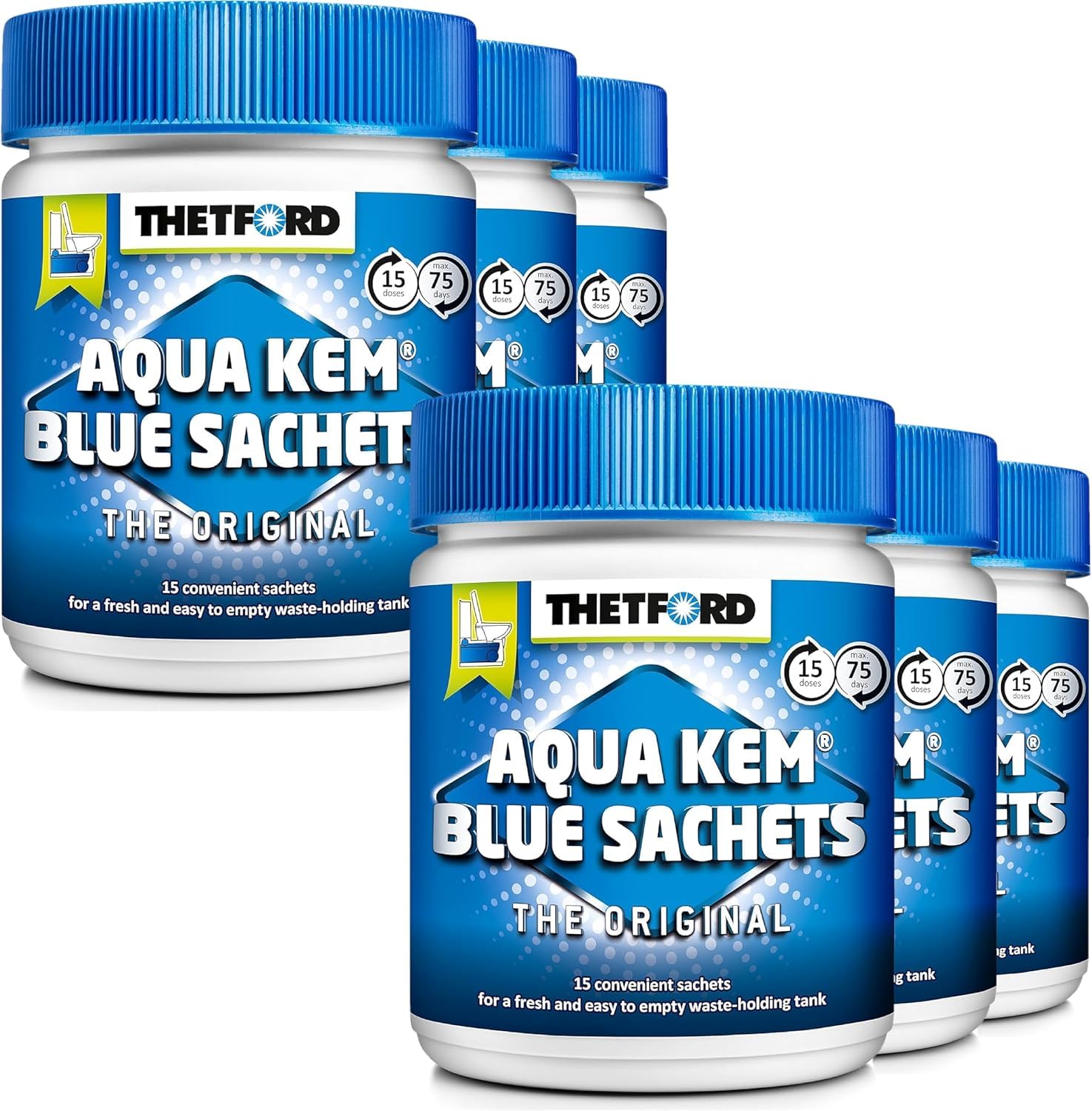 6 botes de Aqua Kem Blue, en paquetes de 15 bolsitas