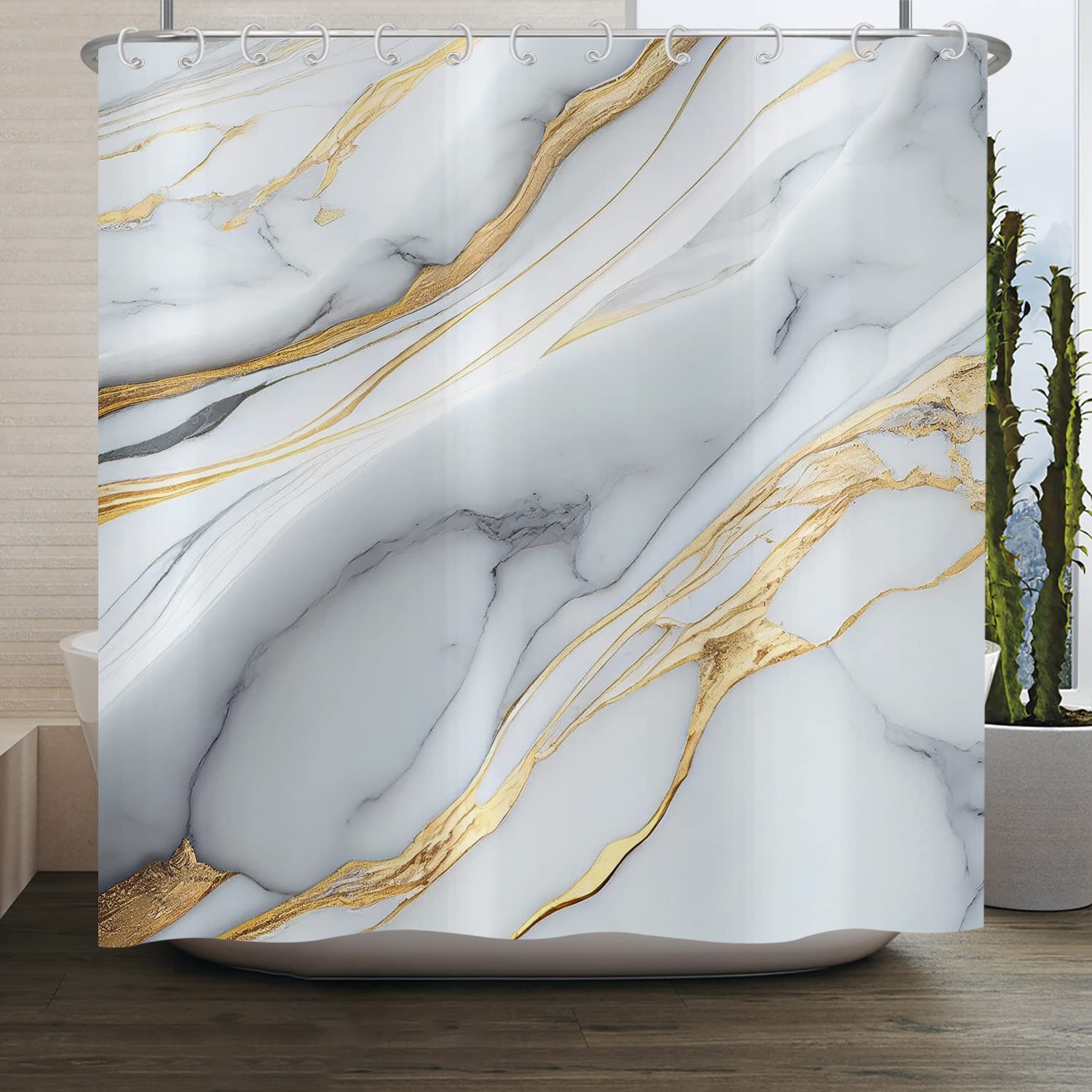 ASDCXZ Shower Curtain Marble 150x180 cm, Modern Abstract Grey Cyan Gold White Marble Optic Texture Washable Fabric Shower Curtains Polyester Waterproof Shower Curtain for Bathtub with 10 Hooks โ image 1