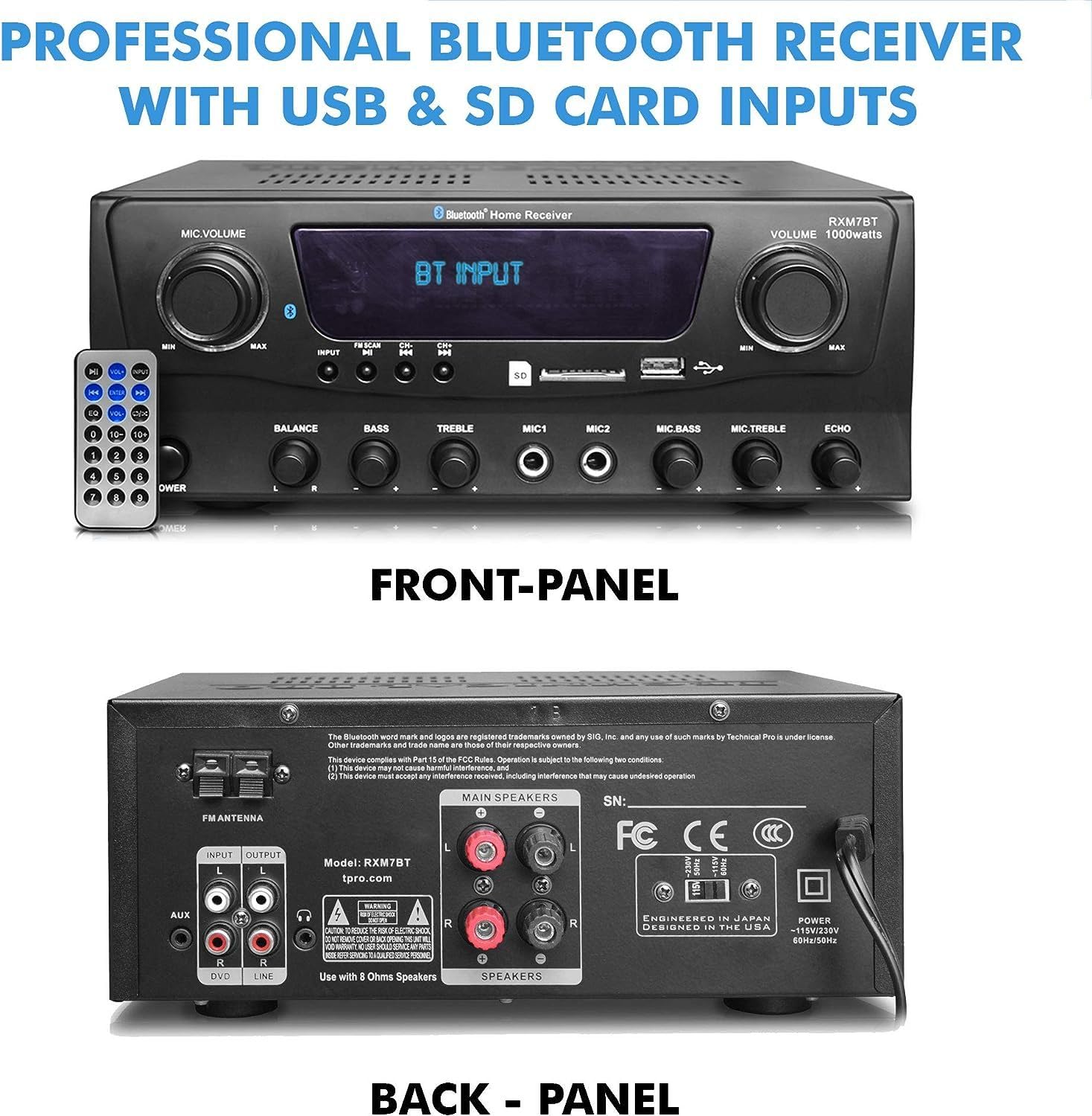 Kit de système home cinéma 1000 W avec récepteur Bluetooth avec 6 haut-parleurs muraux de 175 W chacun et microphone portable de calibre 16 de 76,2 m avec télécommande Technical Pro