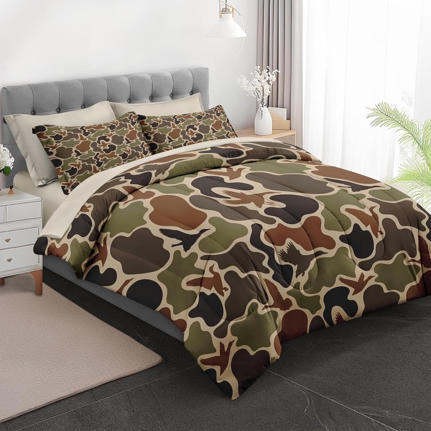 7Pcs Comforter Set Queen Size, Camouflage Hunting Duck Hunter Birds, Bedding Decor Camo Army Green Military Woodland Bed Set with Flat Sheet Fitted Sheet Shams for Kids and Adults