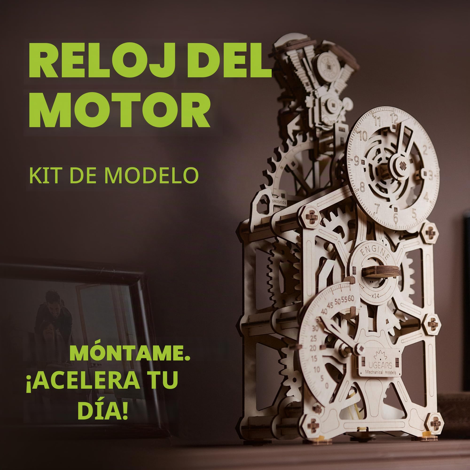UGEARS Reloj de Motor Puzzle 3D Madera - Maqueta para Construir Mecánico con Diseño de Motor - Kit de Maqueta Madera 3D Reloj para Montar - Ideal para Aficionados de la Rompecabezas