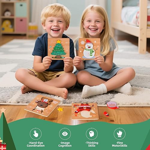 Miniatura 2 de Paquete de 4 rompecabezas de madera de Navidad para niños pequeños, rompecabezas de calcetines de Navidad, juguetes de fiesta de Navidad