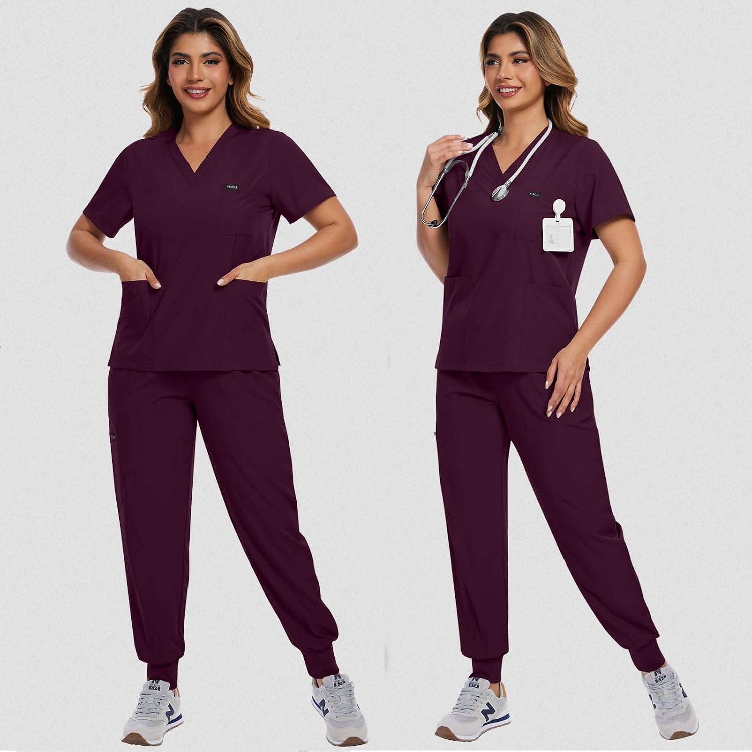 Women's Scrubs Set V-Neck Top & Stretch Pants, Breathable Nurse Uniform with Multiple Pockets for Nurses, Doctors, Medical Professionals(Red,M)