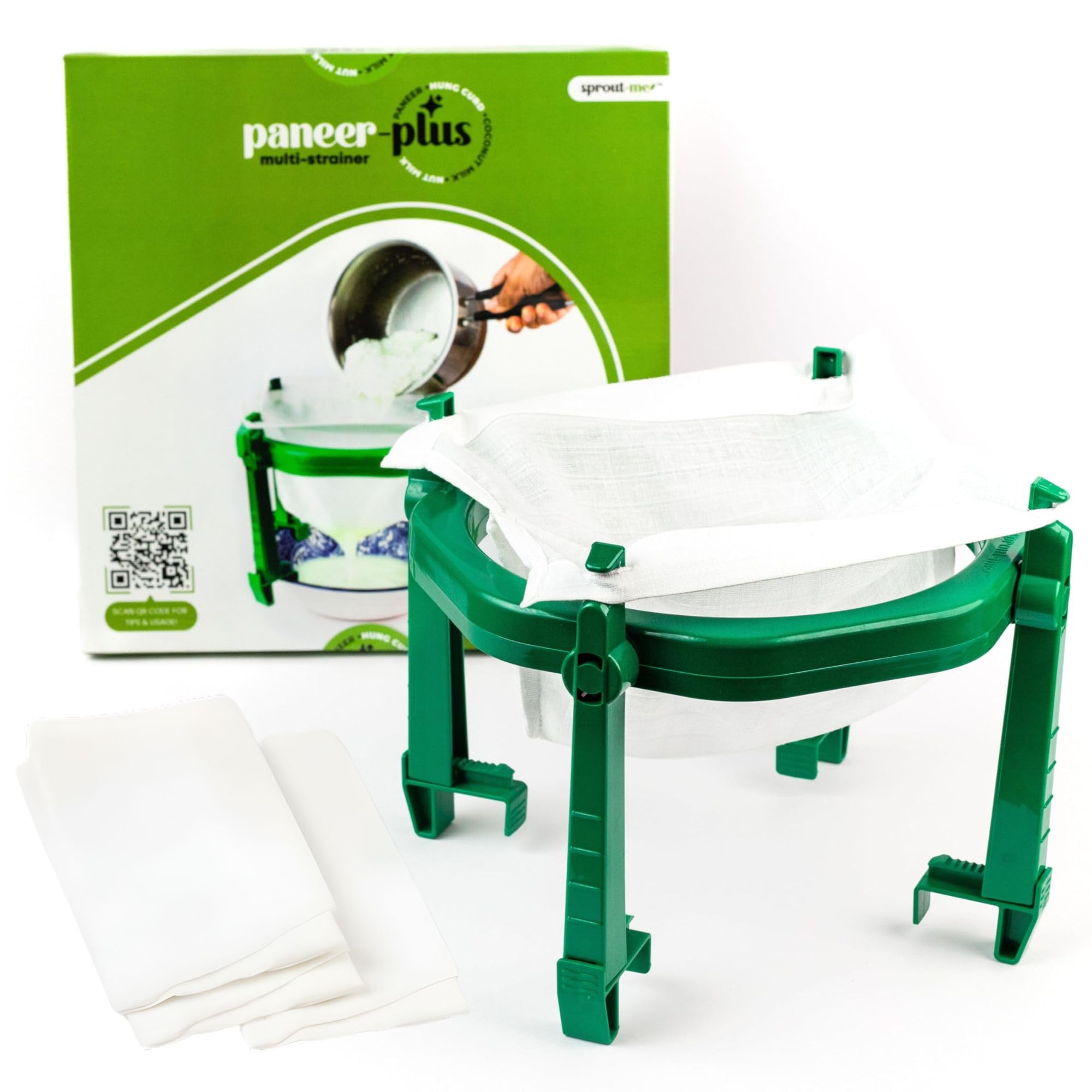 Yogurt and Hung Curd Maker (One Strainer Three Cloth) Multi Purpose Paneer Maker Strainer with Foldable Stand and Muslin Cloth, Food Grade Quality - Fast Drainage, Innovative Kitchen Tool