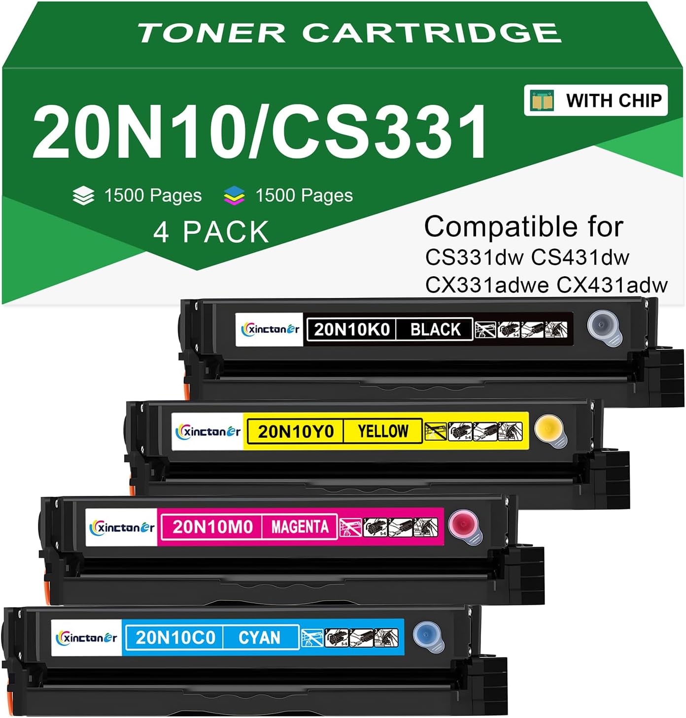 20N10 CS331 CX331 Toner Cartridge Compatible for Lexmark 20N10 Toner Cartridge 20N10K0 20N10C0 20N10M0 20N10Y0 Use for Lexmark CS331 CX331 CS431 CX431 CS331dw Series Printer (4-Pack)