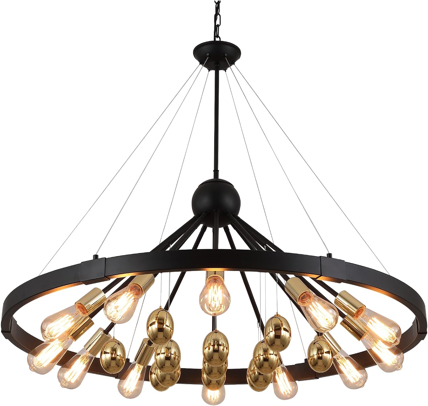 Q&S Wagon Wheel Chandelier,Black and Gold Chandeliers,Modern Farmhouse Large Round Circle Light Fixture for Living Room Hotel Dining Room Stairs Foyer High Ceilings 12 Lights UL Listed W38.2