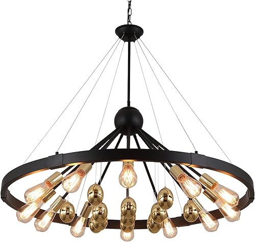 Q&S Candelabro de rueda de carro, candelabros negros y dorados, moderna lámpara de círculo redondo grande para sala de estar, hotel, comedor,