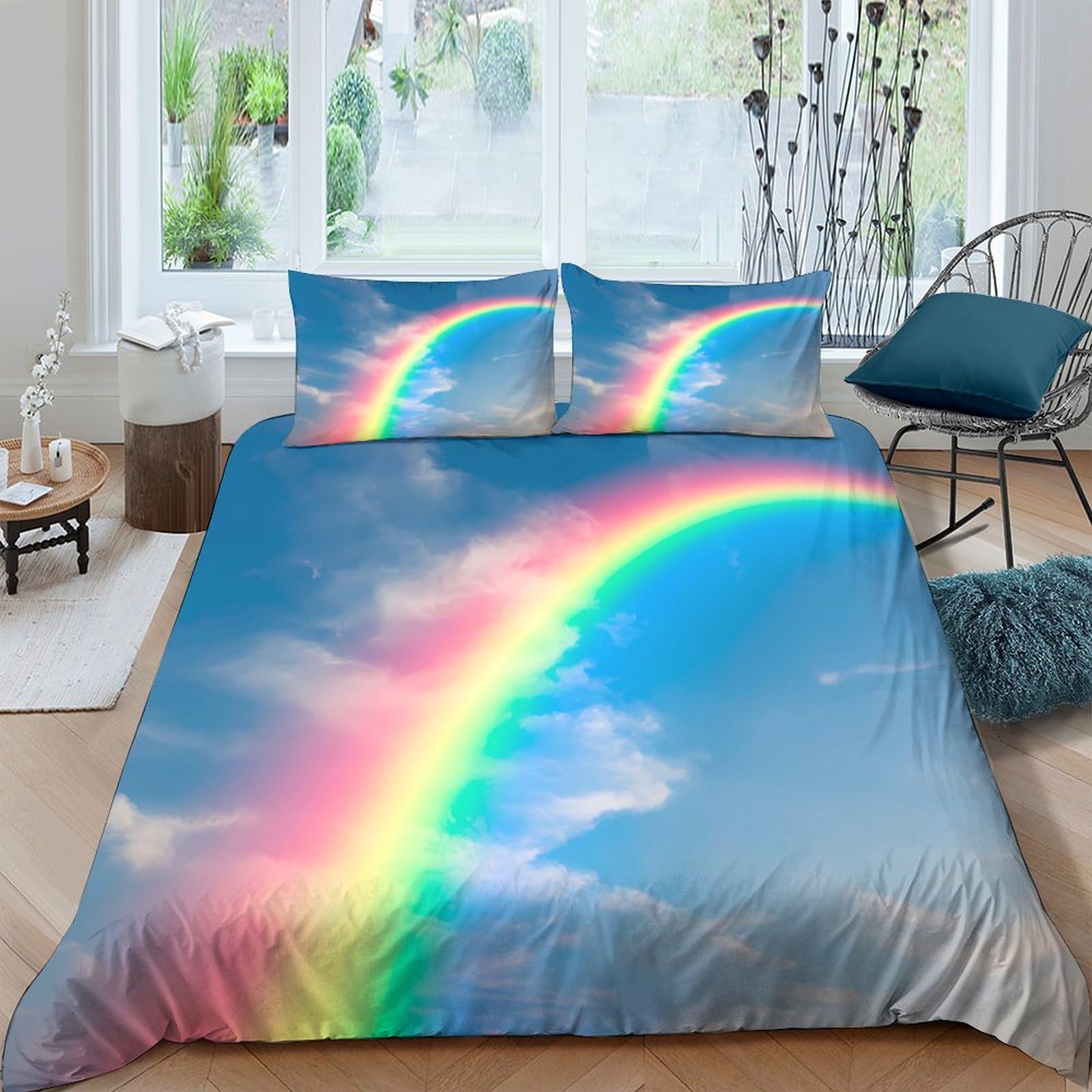 Ctjqhvkz Style-7 3D Printed Rainbow Sky Fitted Sheet Microfiber Soft Anti-Slip Bed Sheet Blue Cloud Mattress Cover Bedroom Decor Single（135X200cm）