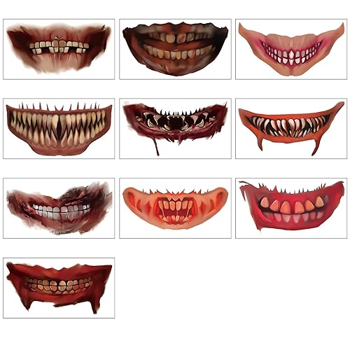 Miniatura 7 de 10 hojas de calcomanías de tatuaje de Halloween, calcomanías de tatuaje de boca aterradora, maquillaje de broma de Halloween, tatuaje temporal de