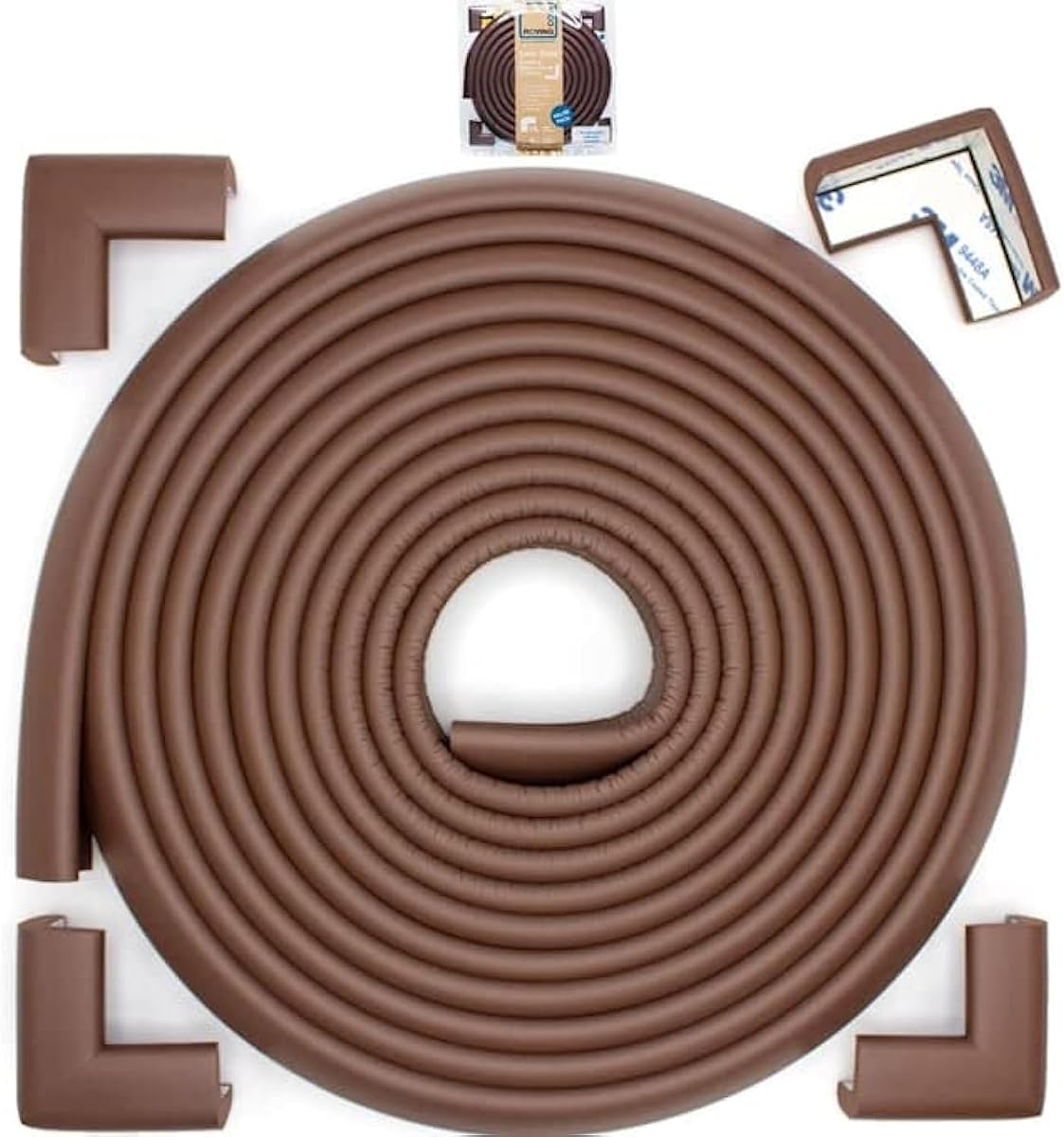 Roving Cove Protector de borde de esquina Slimfit a prueba de bebés (pequeño borde de 15 pies 4 esquinas), protector de parachoques de seguridad para muebles, espuma de goma NBR suave, adhesivo 3M, marrón café