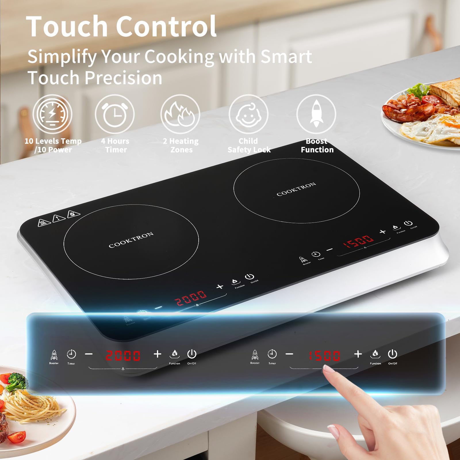 Placa de inducción COOKTRON doble 3500 W con 2 quemadores Touch 9 niveles de potencia, 10 niveles de temperatura, función de temporizador de 4 horas, placa de inducción eléctrica, seguridad infantil