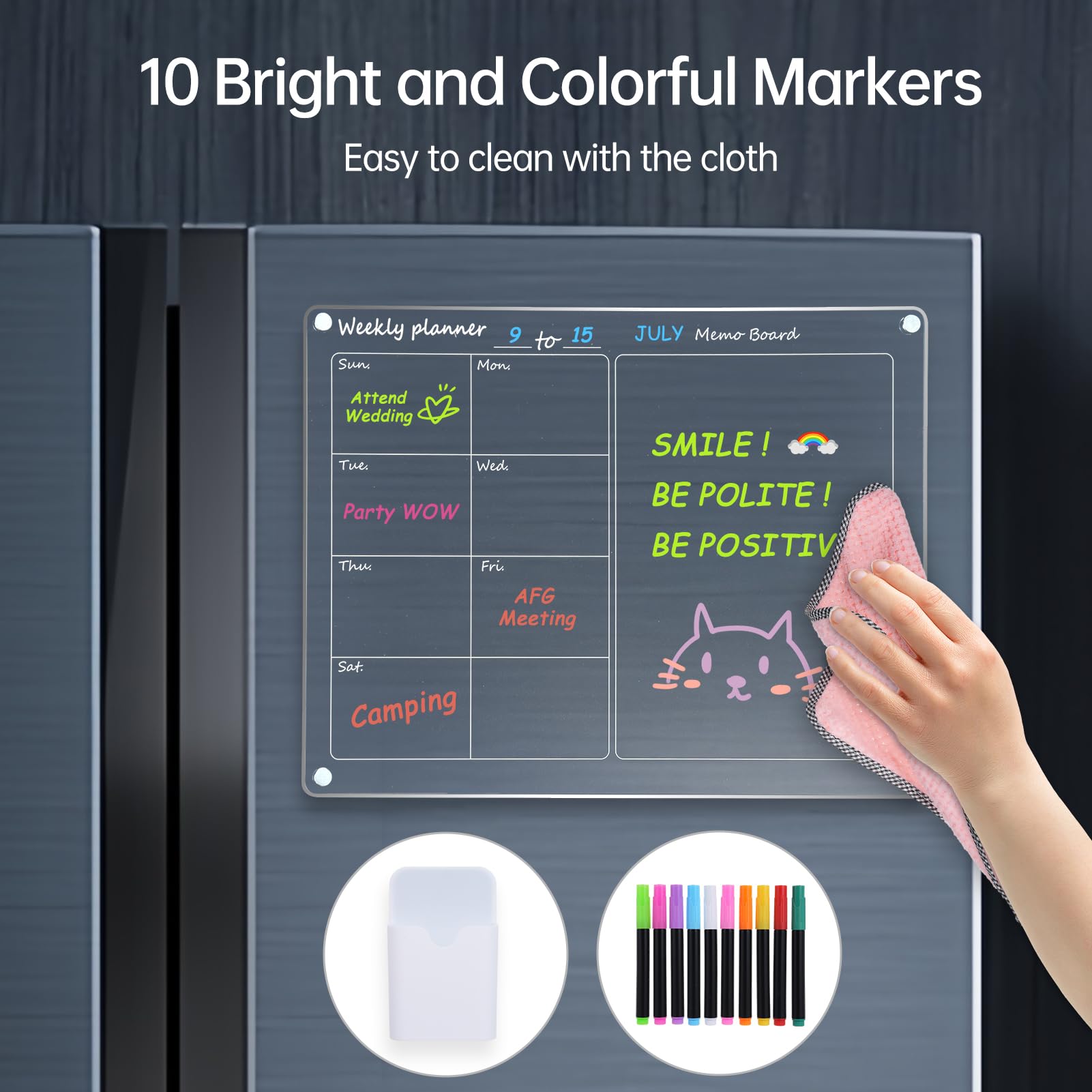 HUIOP Calendrier effaçable à sec, tableau magnétique effaçable à sec en acrylique transparent avec planificateur mensuel et hebdomadaire 40,6 x 30,5 cm, réutilisable avec 10 marqueurs de couleur et