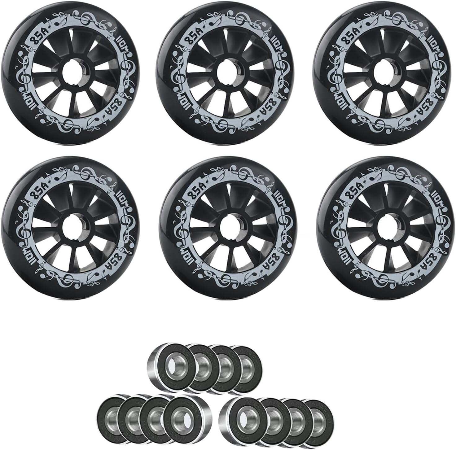 6 Pack Inline Skate Wheels 90mm 100mm 110mm Inline Wheels Replacemnet with ABEC-9 Bearings 85A Hardness Increased Speed and High-Grip Performance