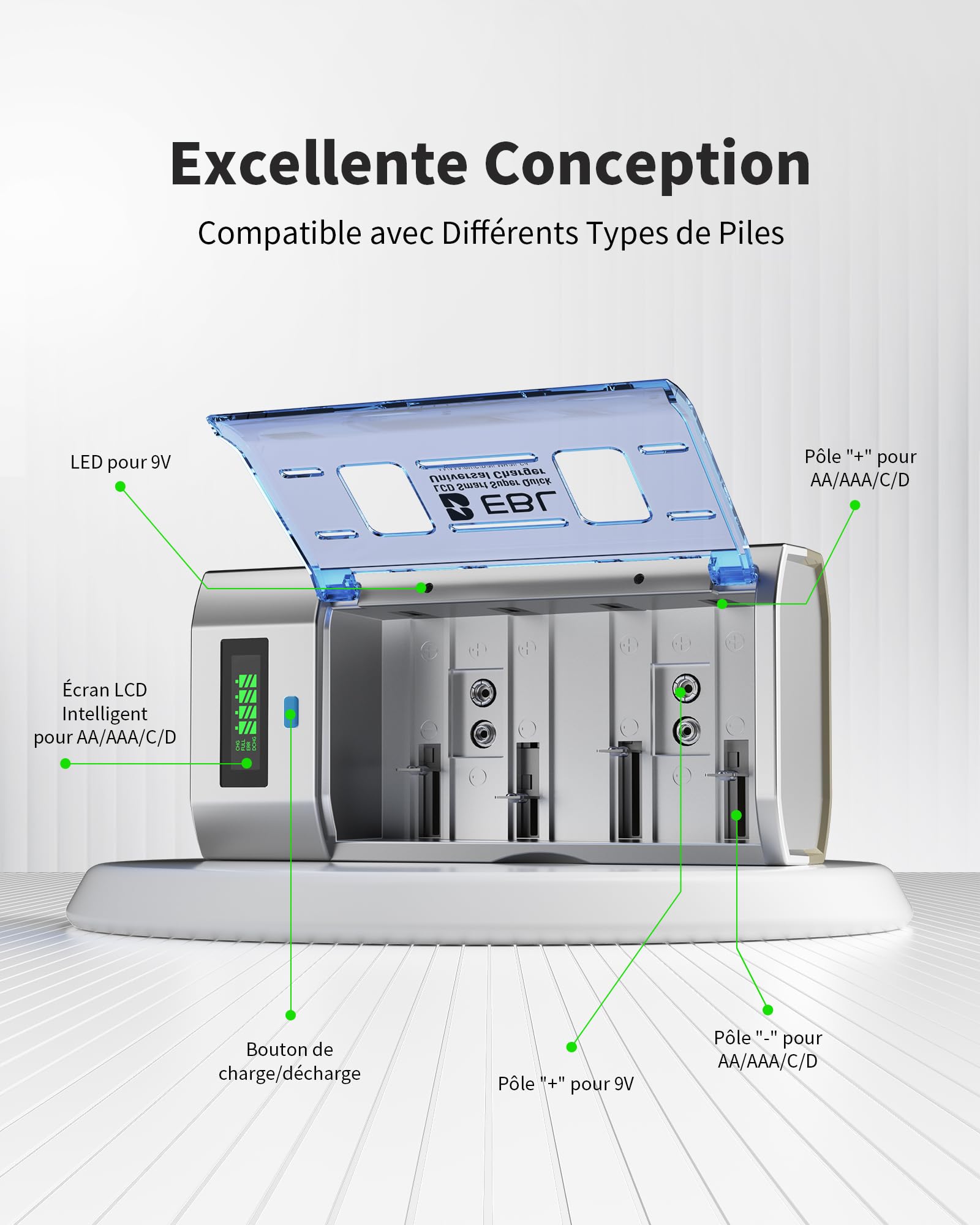 EBL Universel Chargeur de Piles, pour AA/AAA/C/D/9V Piles Rechargeables | 4+2 Slots, Écran LCD, pour AA/HR6, AAA/HR03, C/HR14, D/HR20 et 9V Ni-MH Ni-CD, avec Fonction de Décharge
