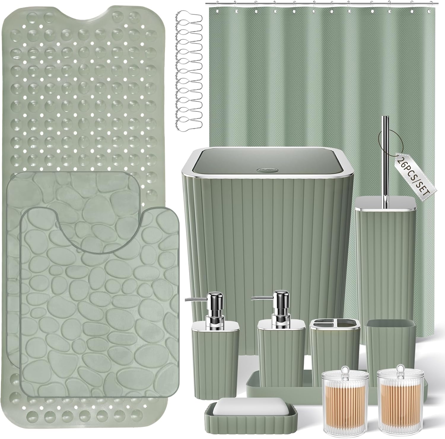 26PC Bathroom Accessories Set - Gorgeous Bathroom Set, Sage Green Bathroom Accessory Set, Shower Curtain Set with Bathtub Mats for Shower Tub, Trash Can & Soap Dispenser