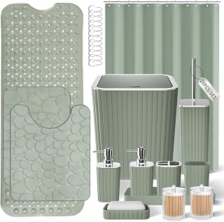 XLHOMO 26PC Bathroom Accessories Set - Gorgeous Bathroom Set, Sage Green Bathroom Accessory Set, Shower Curtain Set with Bathtub Mats for Shower Tub, Trash Can & Soap Dispenser