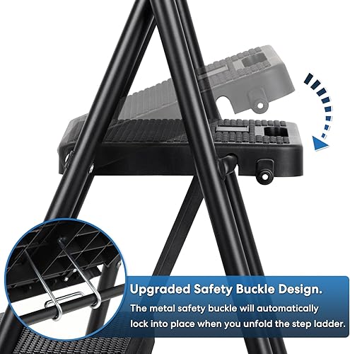 Miniatura 2 de Escalera de 3 escalones, taburete plegable para adultos con pedal antideslizante ancho, escalera de acero resistente, ligera, cómoda empuñadura,