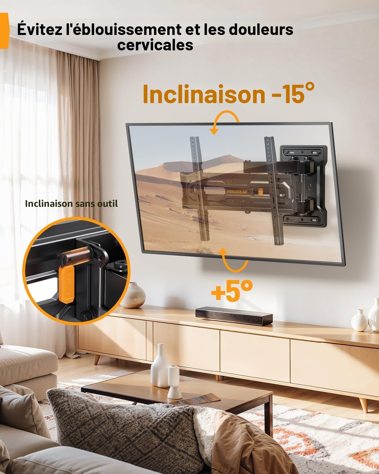 Perlegear Support Mural TV Orientable et Inclinable pour TV de 23 à 70 Pouces Jusqu'à 50 kg, Support TV Ajustable avec Inclinaison, Max VESA 400x400mm, PGMF18