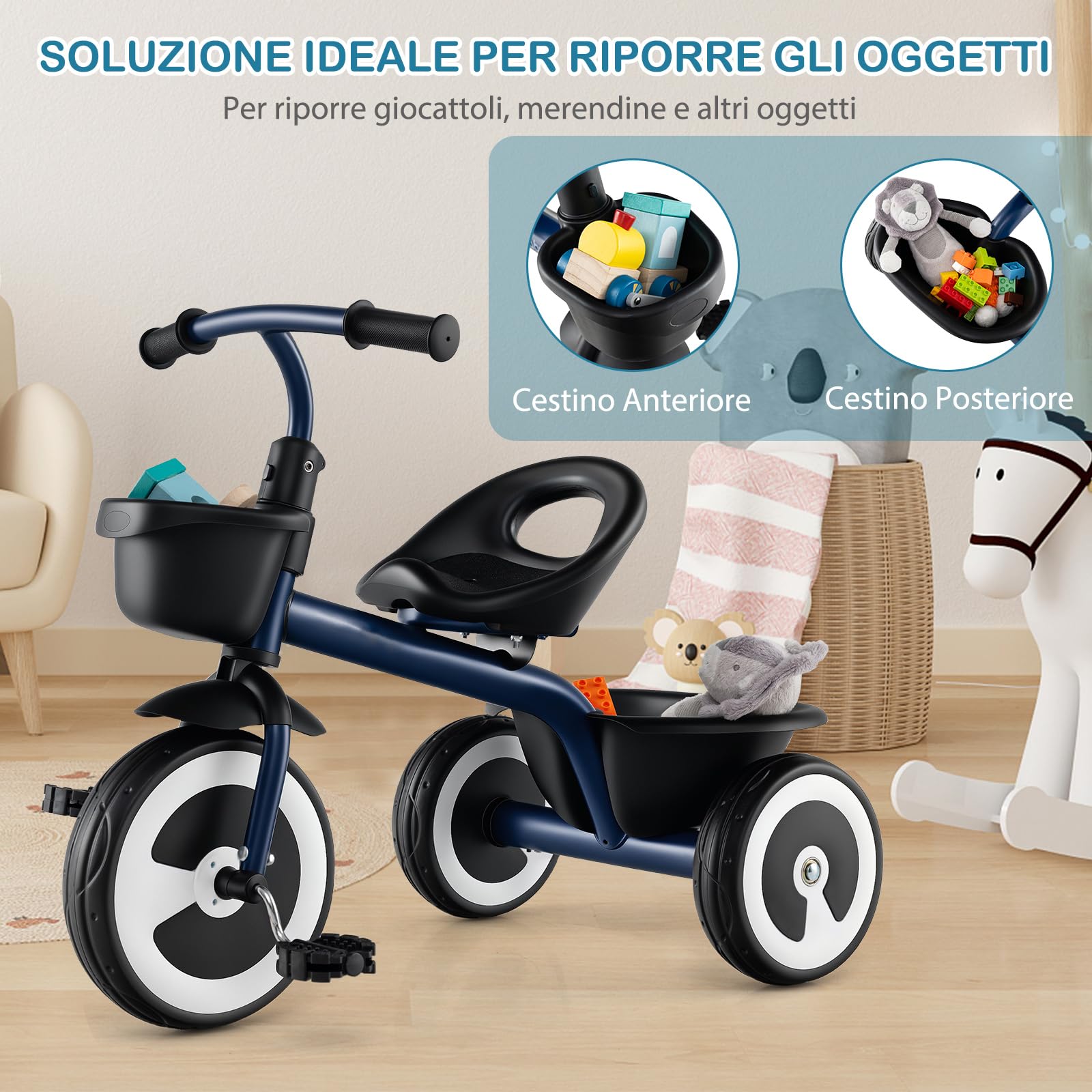 COSTWAY Triciclo per Bambini, Trike con Sede Regolabile Cestini Anteriori e Posteriori, Bicicletta a 3 Ruote con Telaio in Ferro Carbonioso di Alta Resistenza, per Bambini 1,5-5 Anni (Blu)