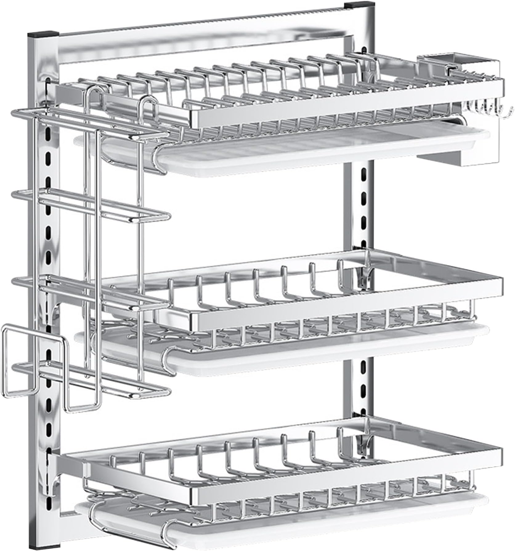 Wall Mounted 3 Tier Dish Drying Rack Stainless Steel Hanging Space Adjustable with Drainboard Hooks & Cutlery Holder for Kitchen