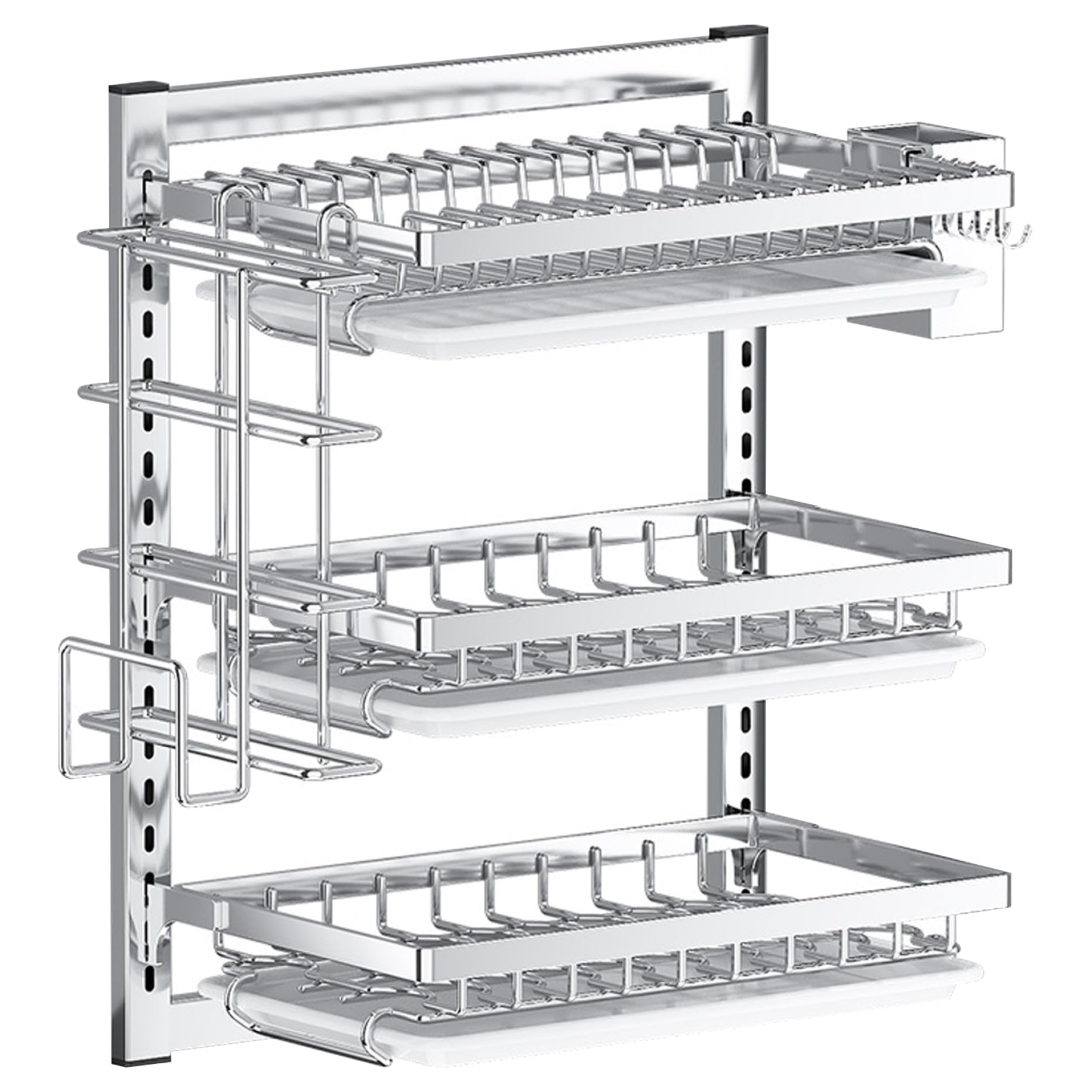 Wall Mounted 3 Tier Dish Drying Rack Stainless Steel Hanging Space Adjustable with Drainboard Hooks & Cutlery Holder for Kitchen