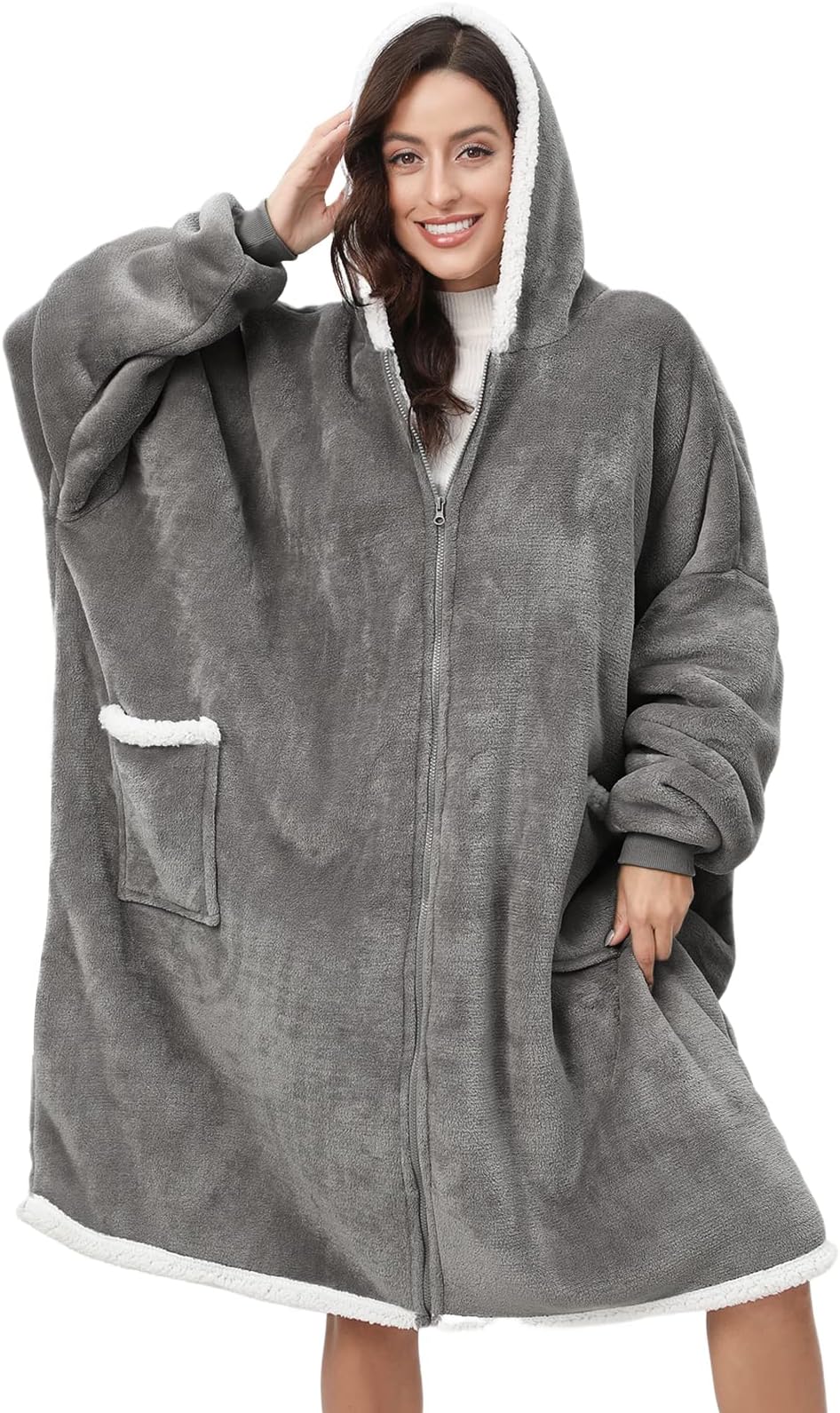 heekpek Hoodie Blanket for Women Men Sweatshirt Oversized Hoodie with Two Pockets Zip Up Sherpa Fleece Hoodie Blanket Snuggle Super Soft Fluffy Warm Cozy Hoodie Blanket, Grey, One Size