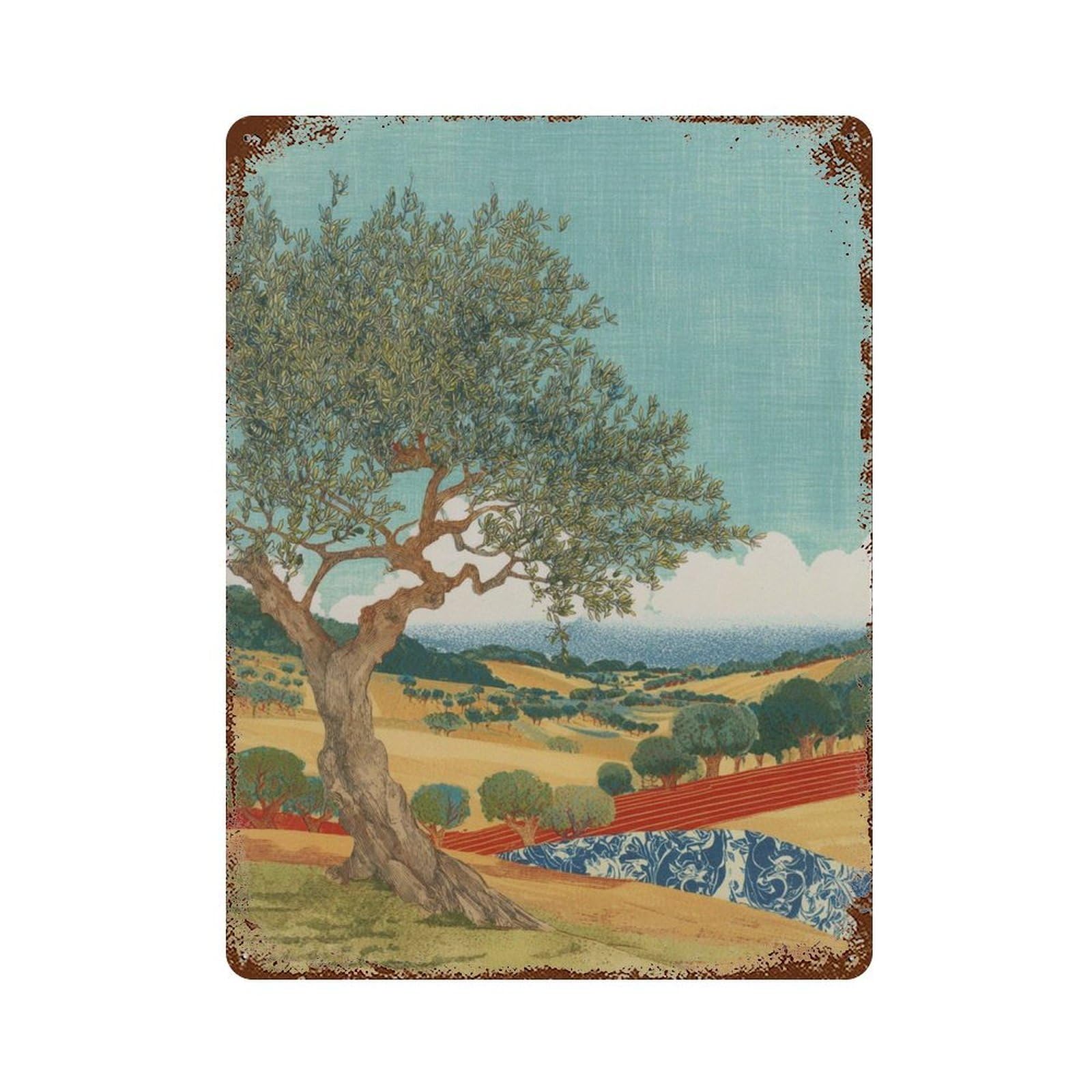 xiaoxiaoshen Olive Tree Landscape Mediterranean Countryside Nature Living Room Style Wall Decor Art Metal Tin Poster Modern Home Decor Art Home Bar Shop Decorations Vintage Sign 40x30cm