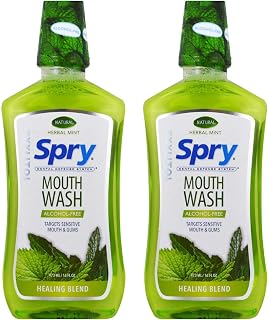 Spry Natural Xylitol Mouthwash Fluoride Free with Enamel Support, Alcohol-Free, Gentle, Non-GMO, Herbal Mint - 16 fl oz (Pack of 2)