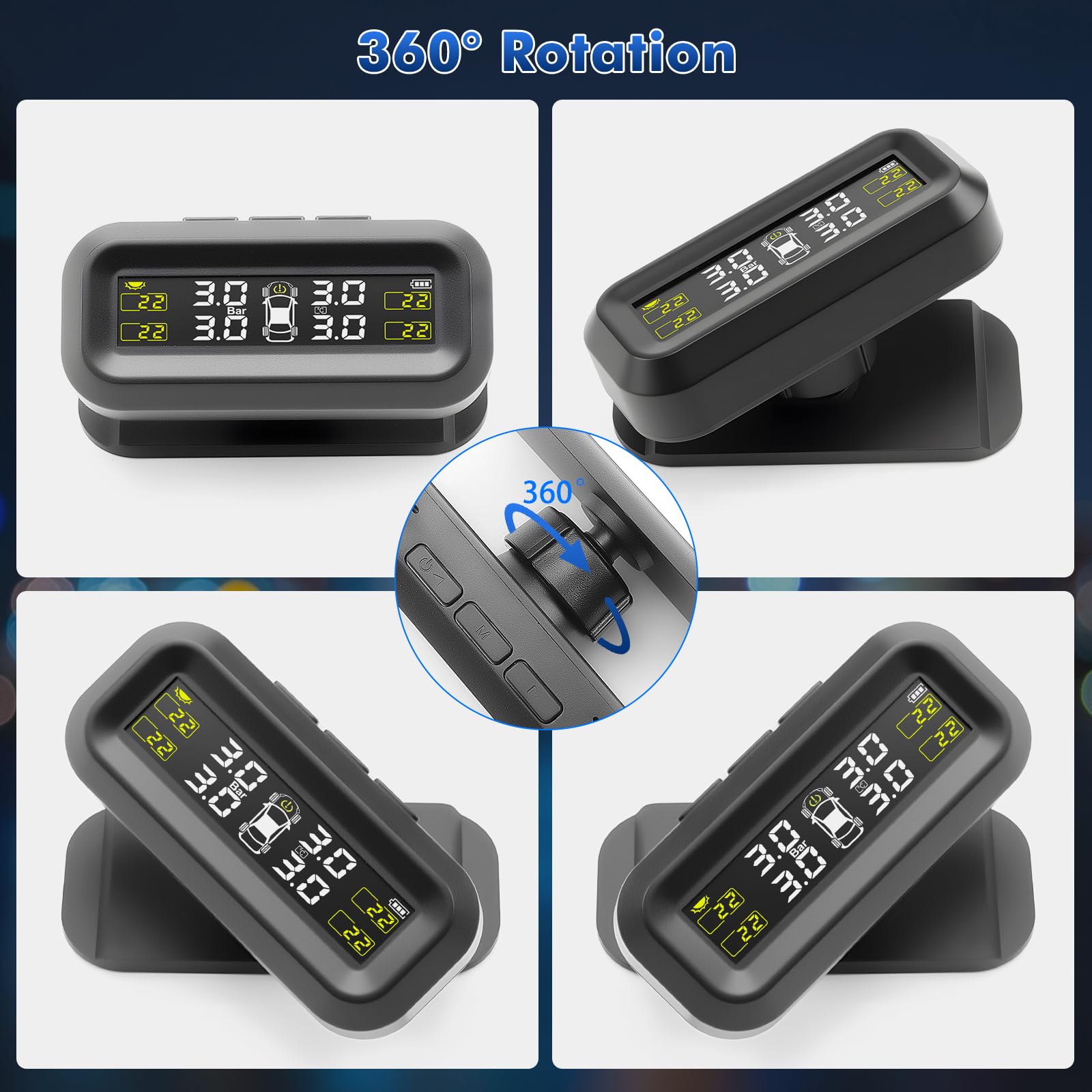 0-3.5Bar Sistema di Monitoraggio della Pressione dei Pneumatici TPMS Wireless Solar, con Ricarica USB, 4 Gomme Sensori Esterni 5 Modalità di Allarme per Auto Car SUV