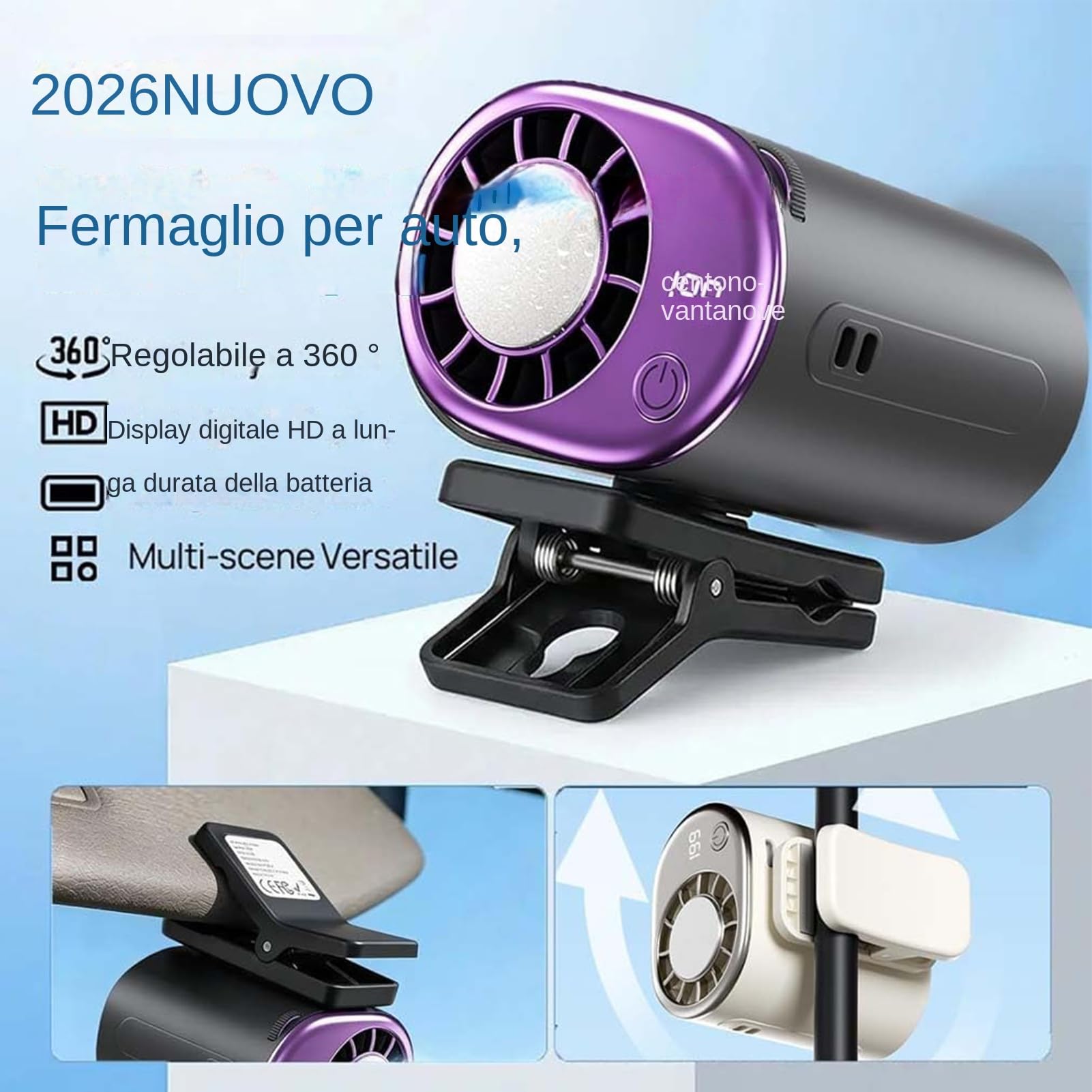 2026 Ventilatore Da Auto Con Clip Per Aria Condizionata Con Display A LED - Rotazione A 360°, Ventilatore Portatile A Clip Regolabile A 199 Velocità Con Raffreddamento Parziale A 16℃, USB Rechargeable