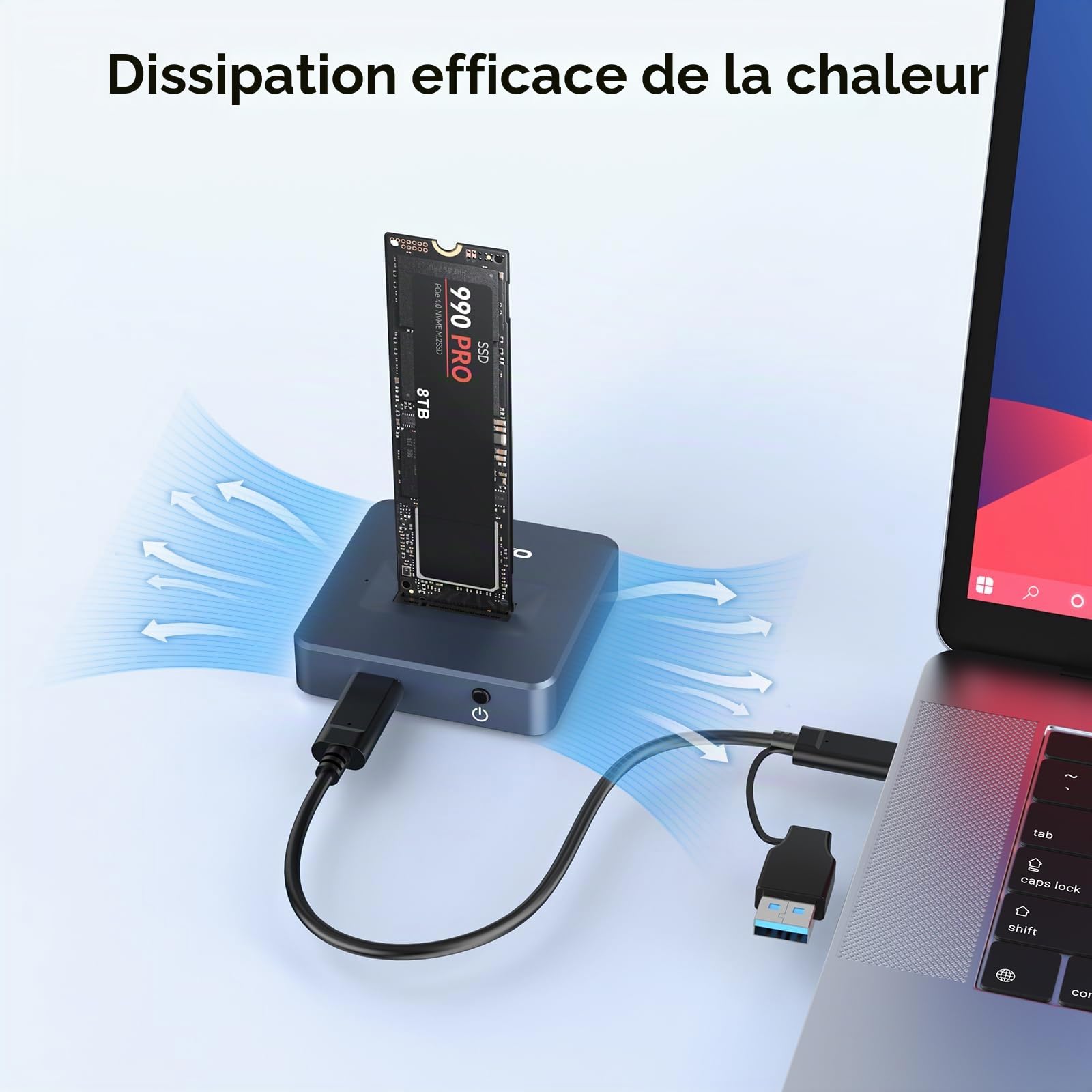 Boîtier NVMe PCIe M.2 SSD Box, Boîtier de Disque Dur SSD NVME/NGFF Hautes Performances USB 3.1, SSD M.2 M-Key avec Adaptateur USB-C et Câble USB 3.1
