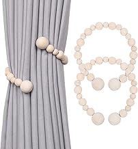 Pretty Jolly 2 Pack Wood Bead Decor Curtain Tiebacks Boho Style DIY Twist Drape Tie Backs Natural Wooden Bead Curtain Holdbacks for Home & Office Thin or Thick Window Draperies (Wood bead-02)